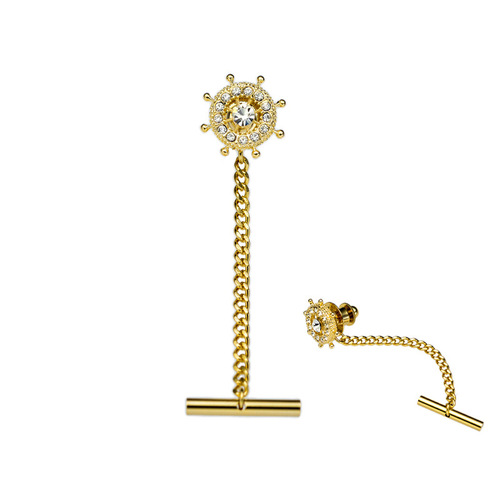 Amazon Best Selling Crystal Rudder Small Collar Pin Buckle Tie Tack With Chains Gold Tie Clip