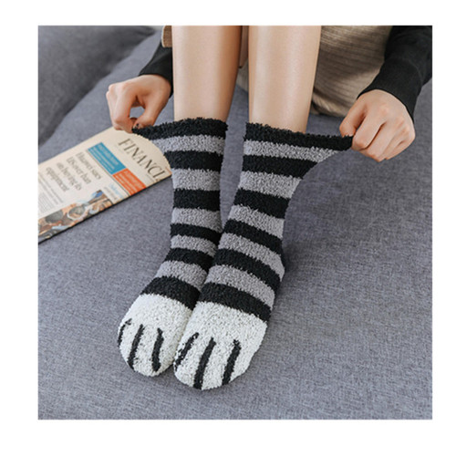 20秋冬新品毛绒袜子珊瑚绒袜子加厚保暖地板袜居家猫爪脚印睡眠袜