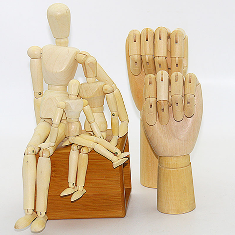 Mano de madera dibujos animados marioneta hecha a mano en forma de hombre loto madera móvil mano de madera bosquejo modelo conjunto pintura adornos de madera