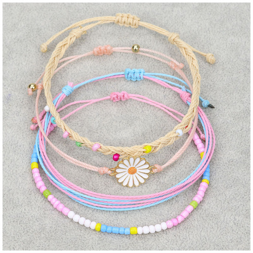 Bohemian waterproof wax line hand woven bracelet with alloy chrysanthemum beaded bracelet sets