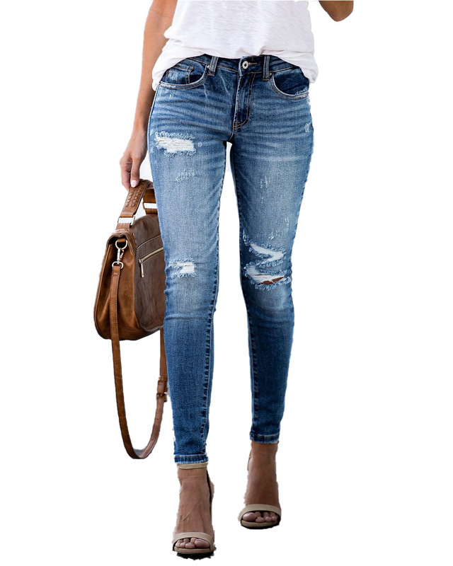 Amazon Special 2020 Spring European and American Full Spray Retro Mid-waist Slim Knee Ripped Denim Small Leg Pants