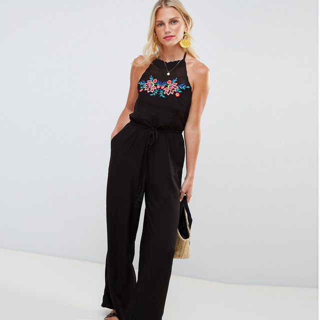 sexy tie neck embroidered loose-legged pants with round collar