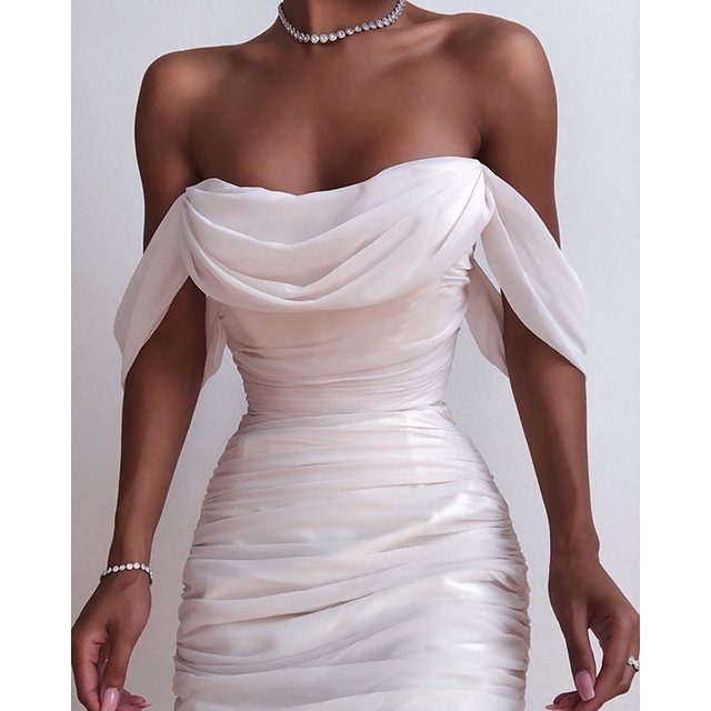 Sexy solid mesh one shoulder bra Pleated Dress