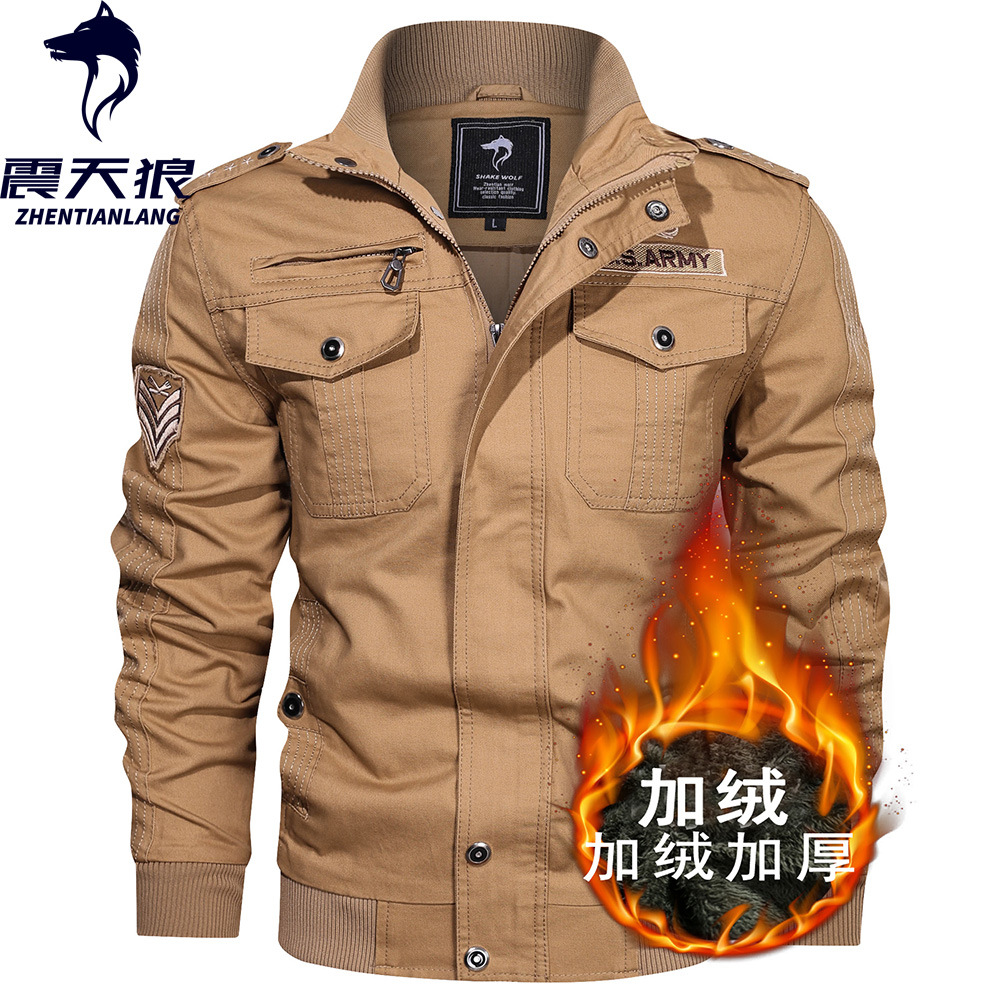 Cross-border supply Amazon AliExpress men's velvet padded cotton coat military frock jacket multi-bag youth