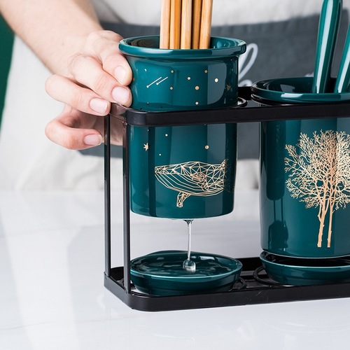 Nordic light luxury dark green chopstick tube large capacity three-tube drain chopstick holder chopstick cage knife, fork, spoon and chopstick storage box
