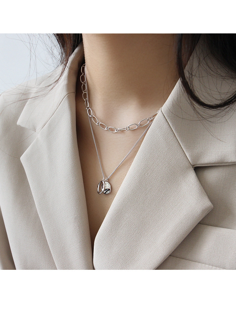 Xb044 Korean Style S925 Sterling Silver Necklace Geometric Irregular Ring Round Brand Women's Necklace Clavicle Necklace Silver Charm display picture 5