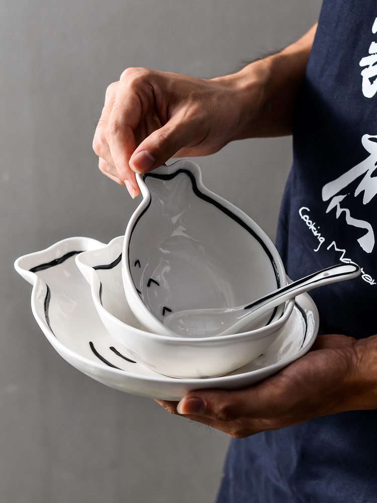 Japonés gato y pescado lindo creativo tazón de dibujos animados traje de cerámica ensalada tazón de verduras y frutas gran plato único