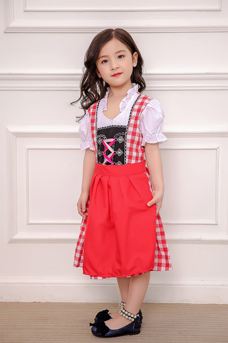 Children babay German traditional blue red plaid beer waiter Bavarian dance cosplay costumes on stage Germany beer festival costumes of the girls