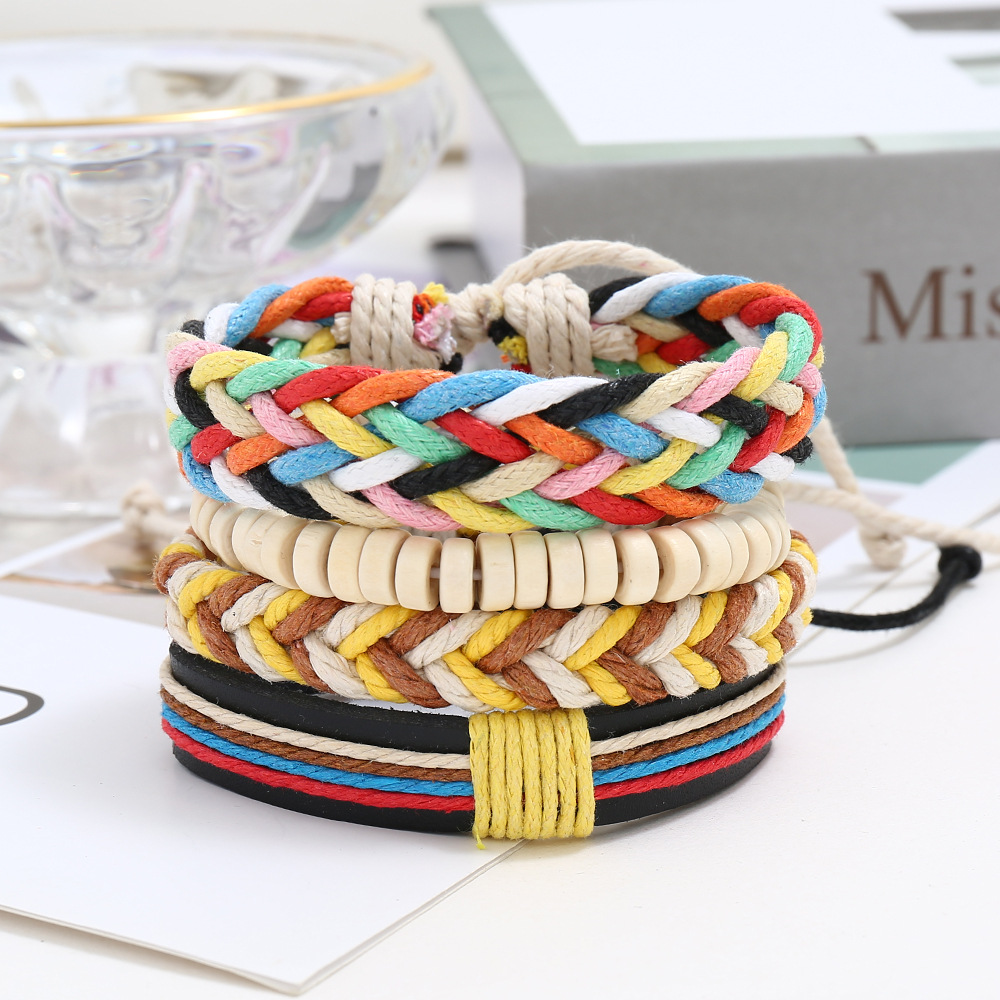 New colorful wax line braided four-piece girl bracelet simple diy multiple combination leather brace