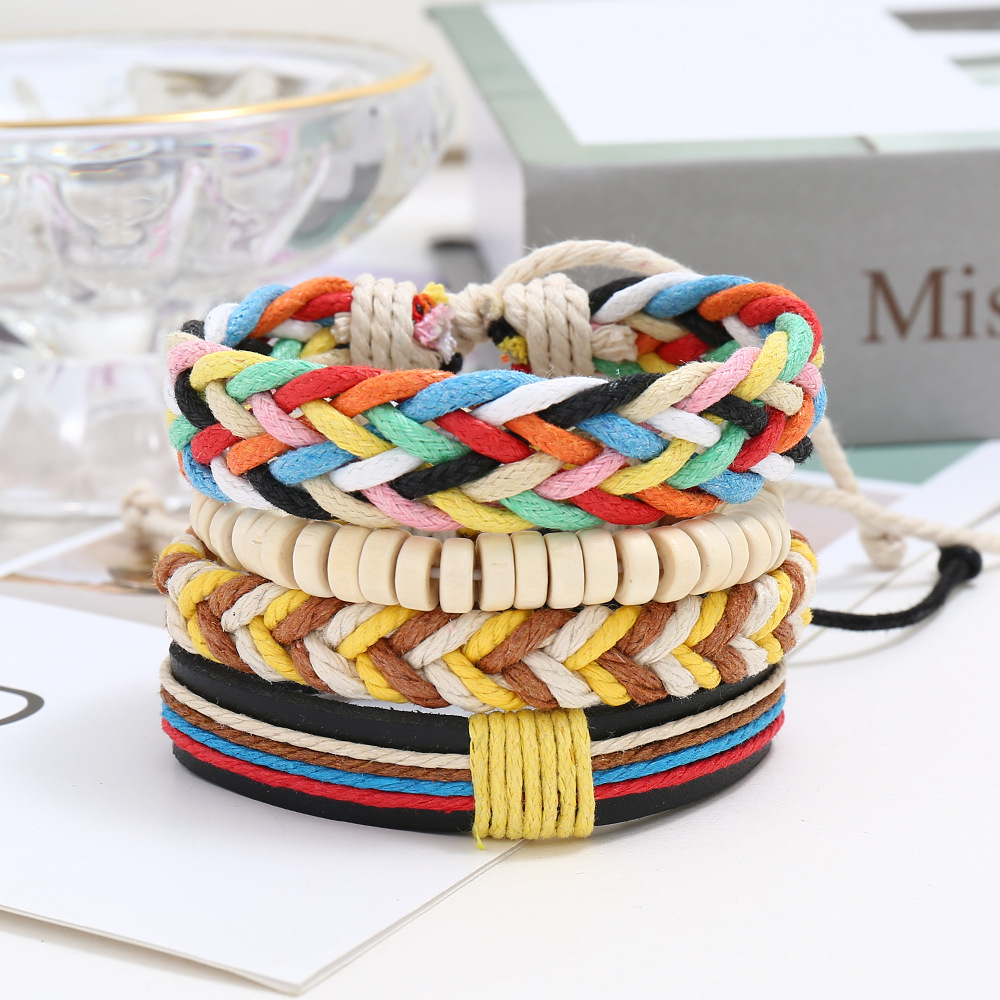 Punks Neues Vierteiliges Set Aus Farbigem Wachs Faden Gewebtem Mädchen Armband, Einfaches Diy-mehrwurzel-kombination Leder Armband display picture 1