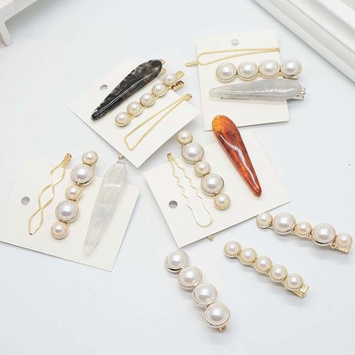 韩国东大门同款组合醋酸气质复古一字夹边夹珍珠发夹发饰套装网红|ru