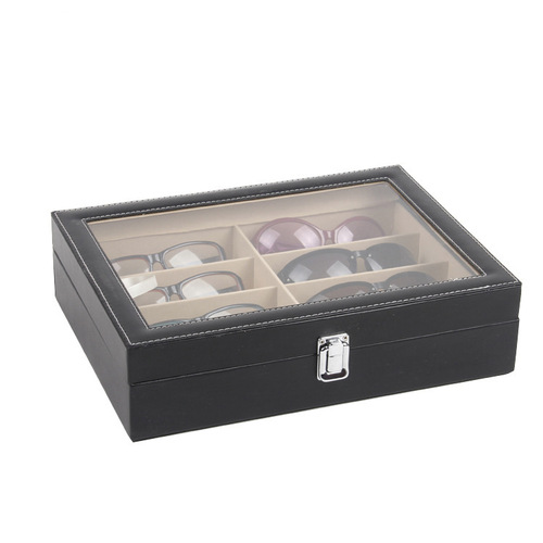 Glasses Storage Box Jewelry Box Black PU Leather 8-Gate Transparent Jewelry Sunglasses Storage Box Wholesale