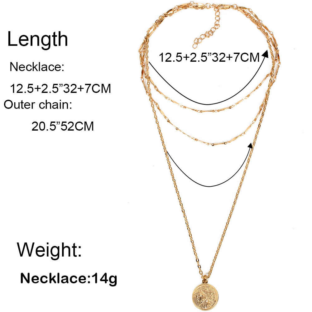 Personality Metal Disc Portrait Coin Pendant Multilayer Clavicle Chain Women display picture 1