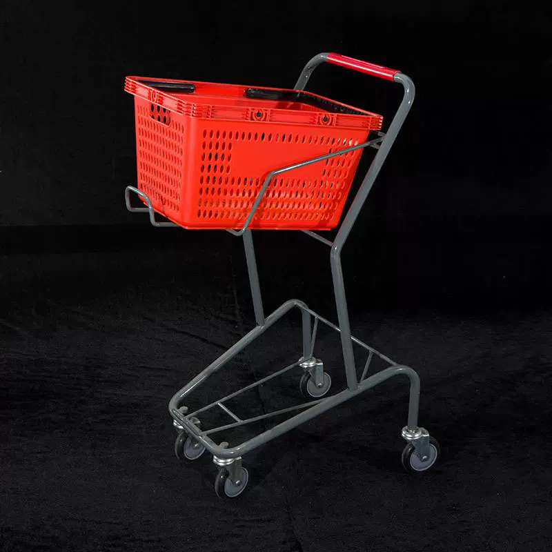 厂家直销KTV酒吧超市手推车带铁框双层提篮 家用买菜车超市购物车