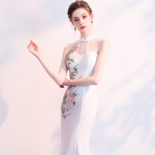 Evening Dresses cocktail party banquet dress vestido de banquete de cóctel White evening dress female banquet president standing collar fishtail Qipao skirt