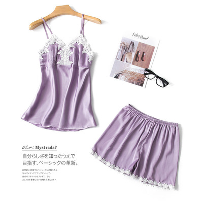 2019夏季性感带胸垫缎面雪纺性感吊带短裤套装家居服代发批发|ru
