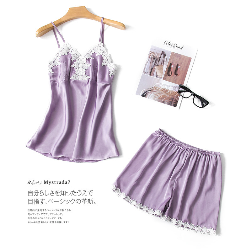 2019夏季性感带胸垫缎面雪纺性感吊带短裤套装家居服代发批发|ru