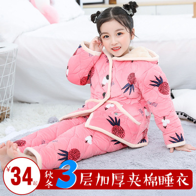 2019 Autumn and winter new pattern children Home Furnishings leisure time Cotton clip girl pajamas wholesale keep warm baby cotton-padded clothes suit