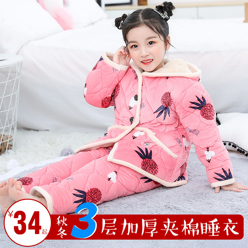 2019 Autumn and winter new pattern children Home Furnishings leisure time Cotton clip girl pajamas wholesale keep warm baby cotton-padded clothes suit