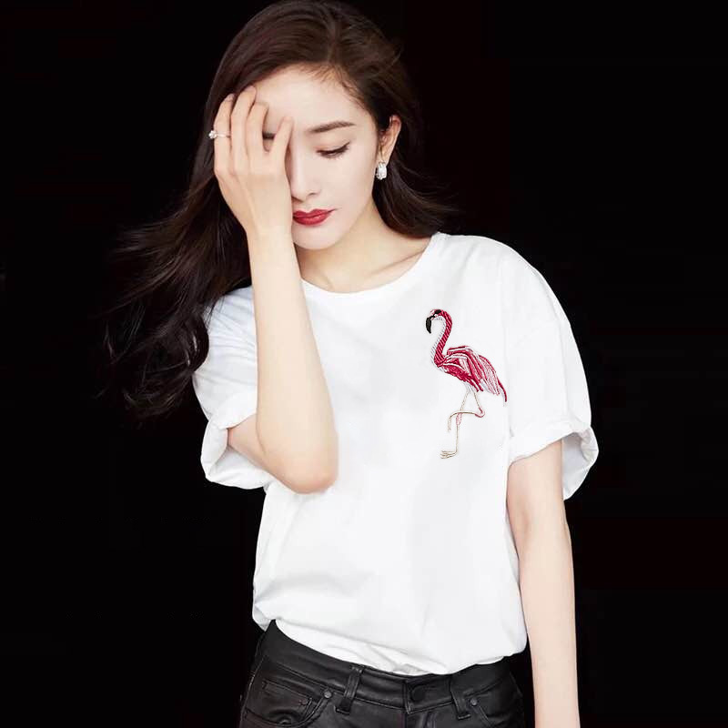 2020新款夏季网红明星杨幂同款火烈鸟刺绣圆领纯棉学生短袖t恤女|ms