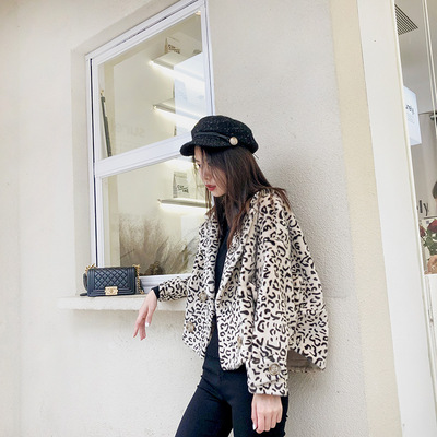 时尚豹纹仿水貂绒短外套女2019秋冬季新款韩版洋气百搭上衣洋气潮