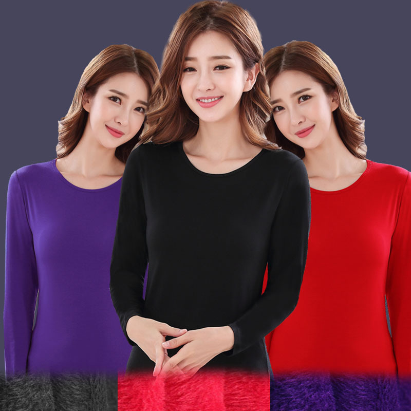 保暖内衣上衣女加绒加厚秒热单件秋衣大码纯棉打底衫冬季小衫体恤
