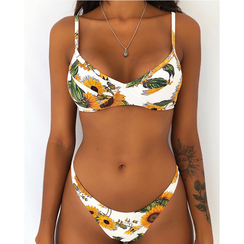 gradient color/sunflower/leaves printed swimwear set NSHTS129347