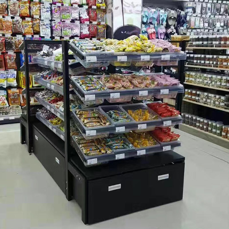 厂家直销零食货架便利店散称团购休闲食品展示架双面款木制抽屉
