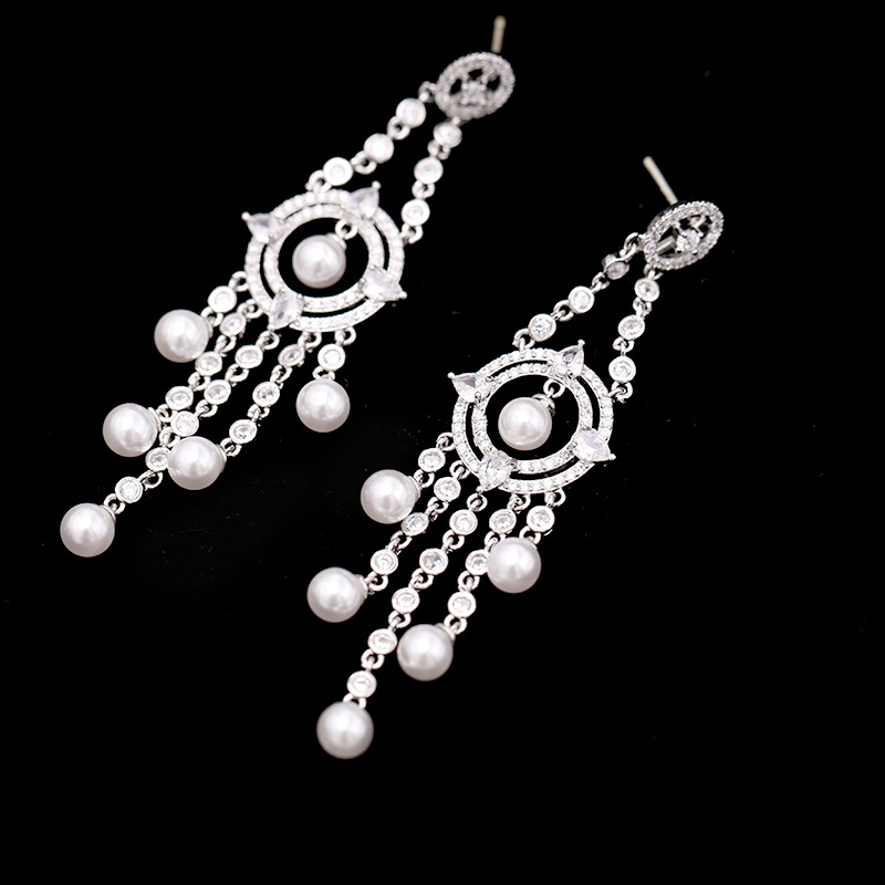 S925 Silver Needle Wang Hao With The Same Paragraph High-grade Slim Pearl Earrings Long Tassel Heavy Work Zircon Earrings Banquet Wild display picture 5