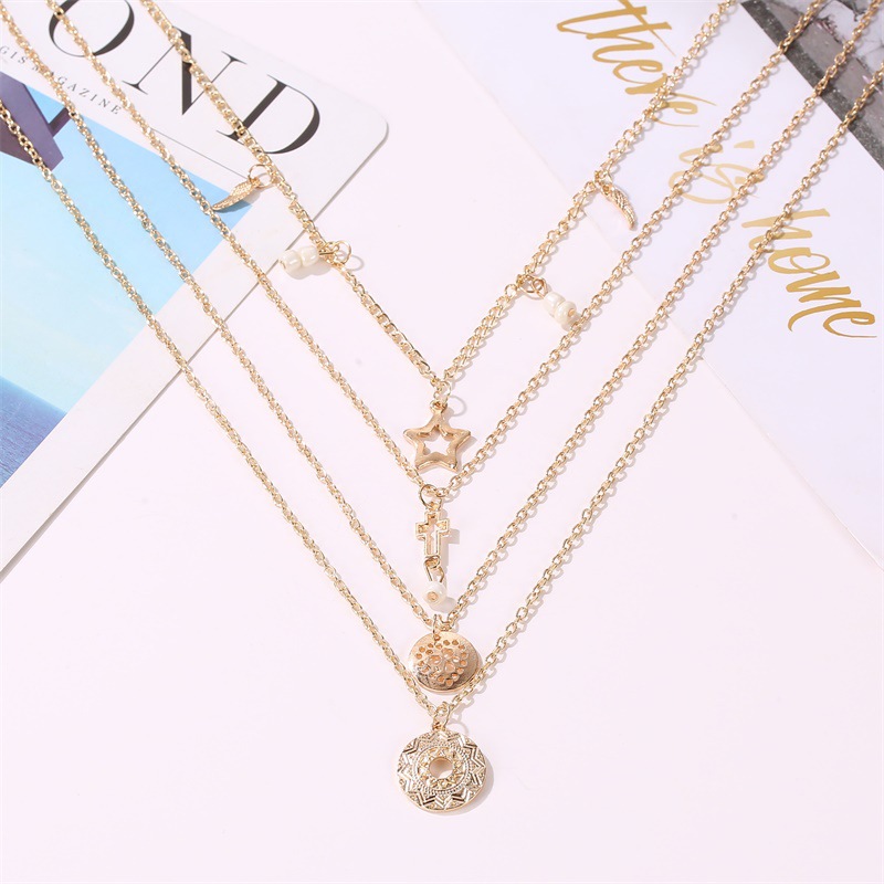 Fashion Hollow Five-pointed Star Pendant Chain Creative Retro Multi-layer Cross Necklace display picture 3