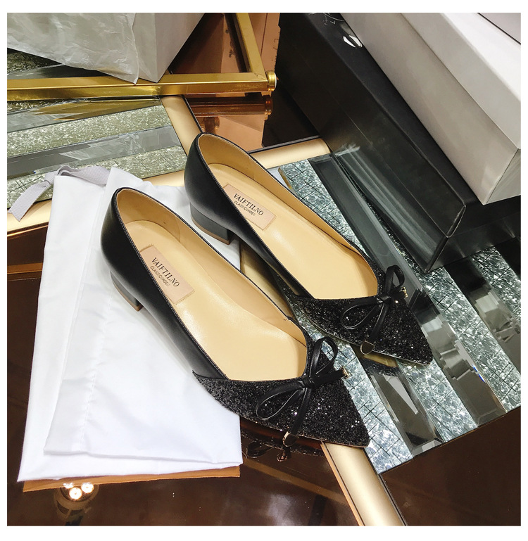 2026 Autumn New Women's Shallow Mouth Single Shoes, Pointed Toe, Color Block, Top Quality Sequin Bow, Mid-Heel, Chunky Heel_vogvips.com