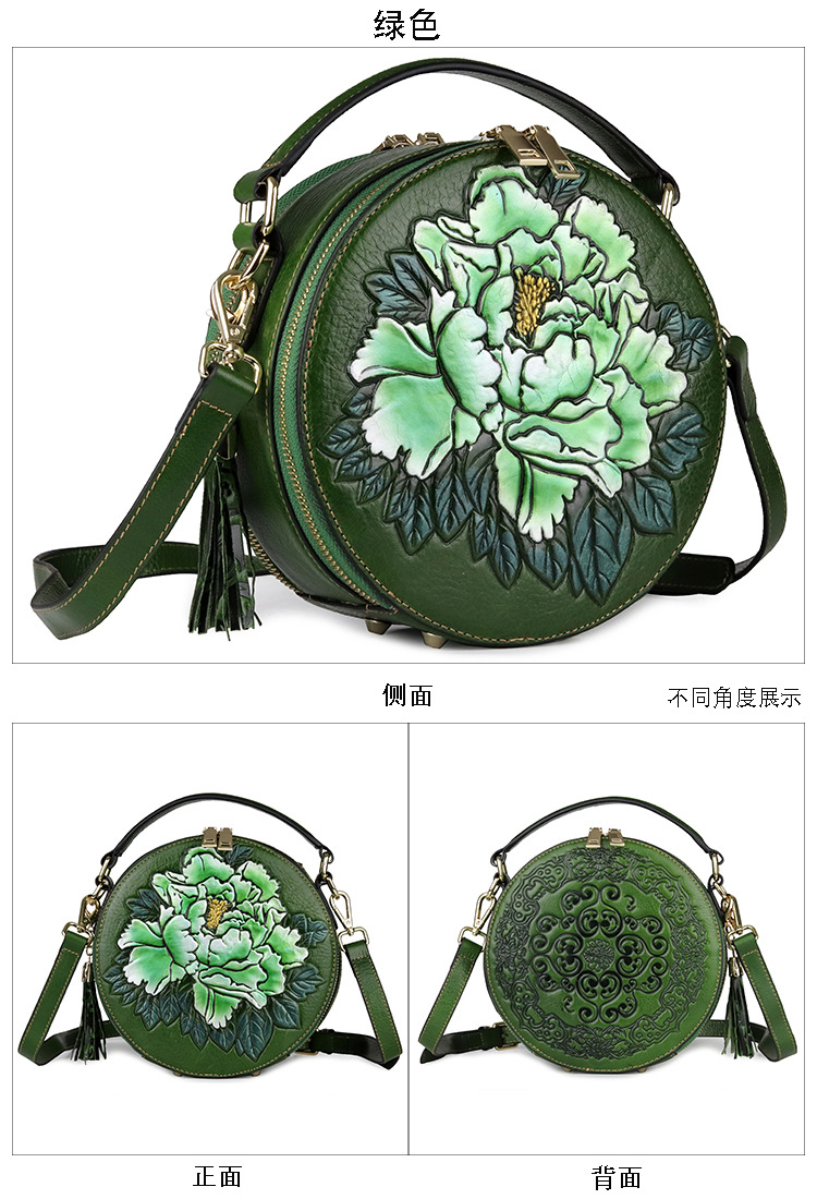 Genuine Leather Embossed Ladies Handbag Round Bucket Bag Tassel Small Round Bag display picture 5