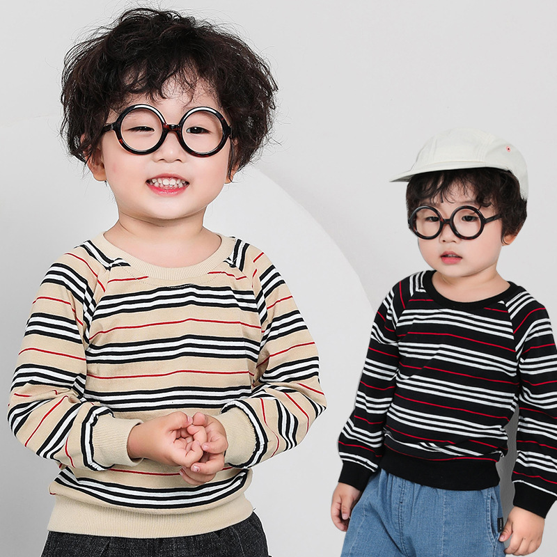 儿童条纹秋衣男童装长袖纯棉小童韩版潮流2019新款洋气上衣牛角袖