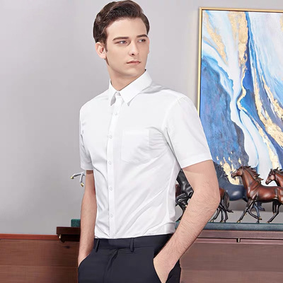 2020春秋新款男短袖衬衫全棉职业工装白衬衣纯色商务休闲修身上衣