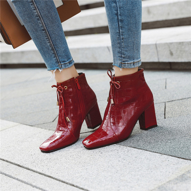 Short boots fashion sexy square head autumn and winter thick side zipper nude boots