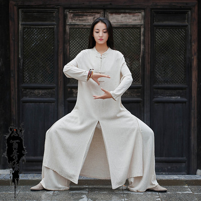 Cotton and linen reto zen clothing  hanfu tai chi kungfu clothes for women retro literary and artistic Han tea dress Zen dance dress robe