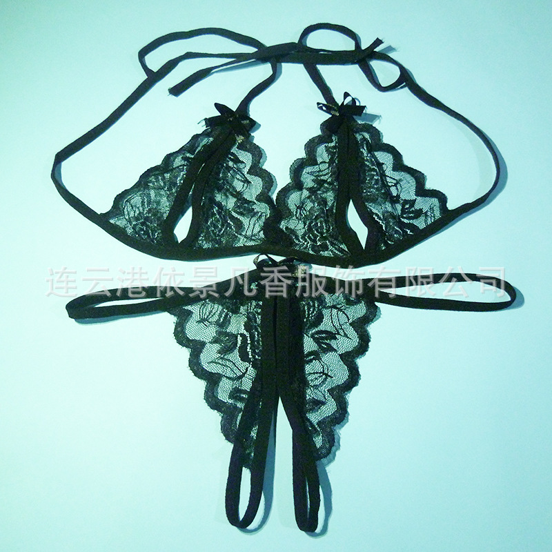 Yi Jin three-point sexy lingerie gift with lace open crotch thong bra set factory wholesale