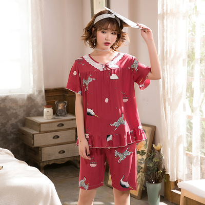 夏季韓薄款棉綢睡衣女綿綢短袖女士人造棉睡衣兩件套裝家居服大碼