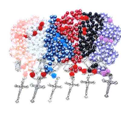 2pcs 6mm rose pearl Rosary necklace for women Cross christ catholic praying necklaces ornament