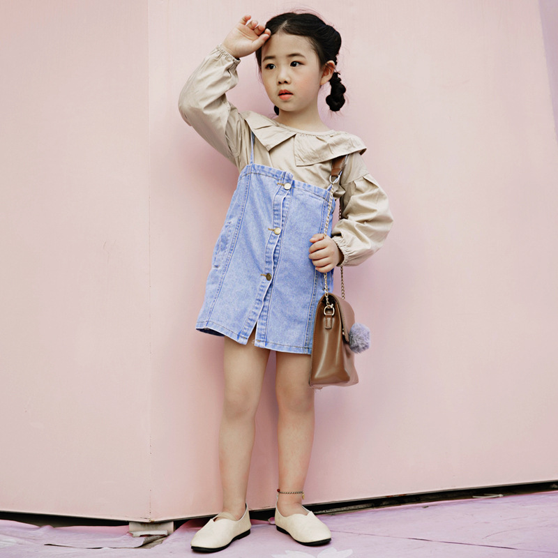 2019 Girls Summer New Light Color Pure Cotton Denim Slip Dress Fashionable Korean Style Denim Suspender Dress