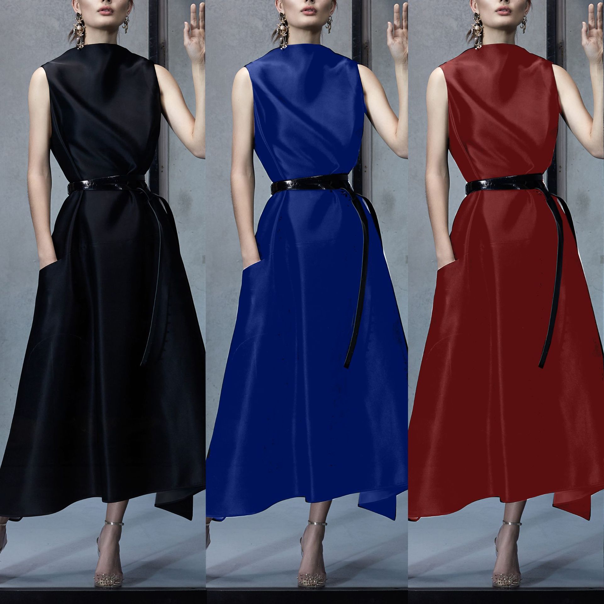 2021跨境欧美夏季气质通勤色丁梭织无袖性感连衣裙+腰带FC503