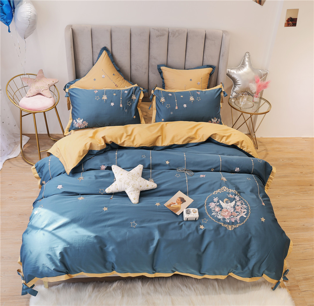 美欧式简约小清新刺绣寝具床品多件套纯棉贡缎长绒棉四件套家纺|ru