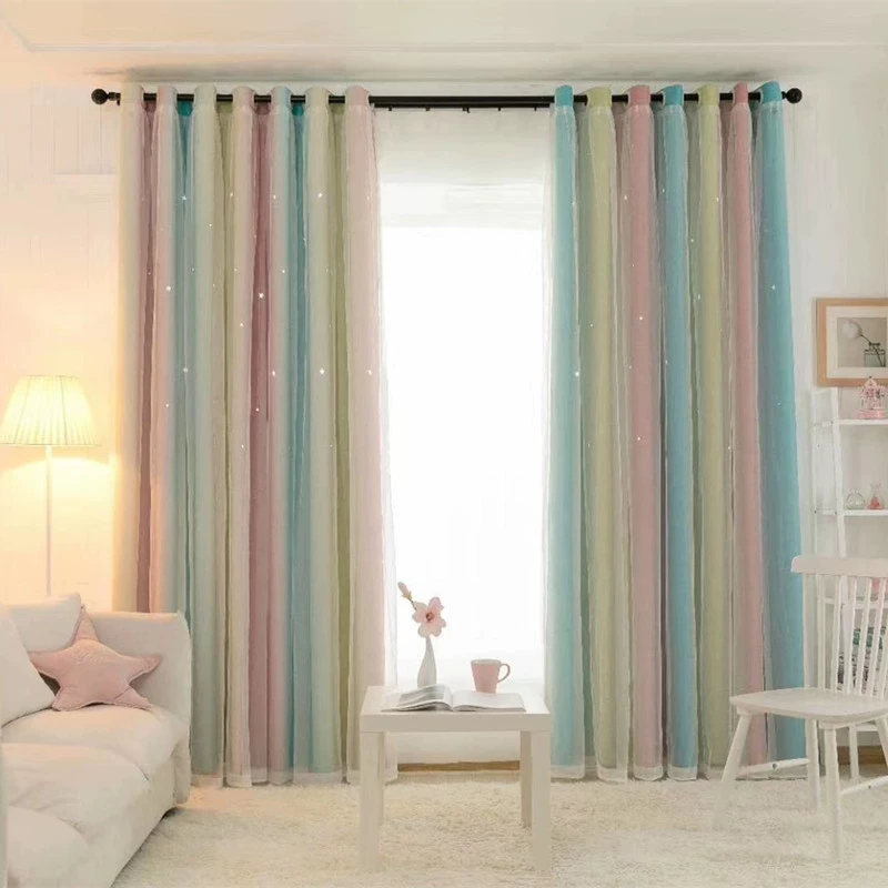Gradient hollow star blackout curtain fabric bay window