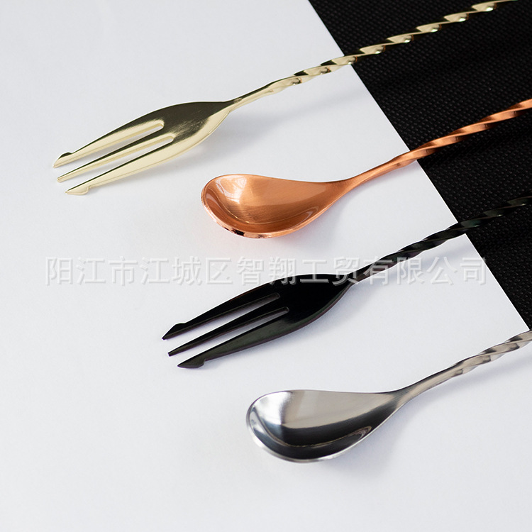 厂家不锈钢创意吧勺 304长柄扭纹更叉 双头更叉 酒吧用具|ms