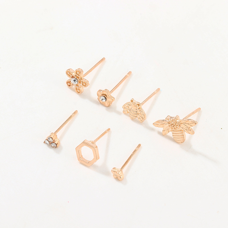 New Fashion Alloy Bee Ear Studs Diamond Flower Earrings 6 Combinations display picture 3