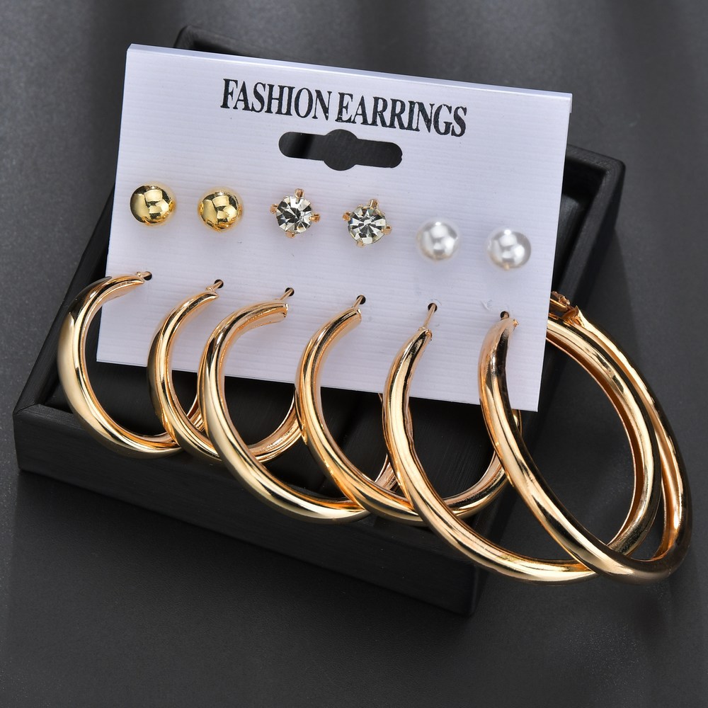 New Fashion Rhinestone Pearl Large Hoop Earrings 6 Piece Set Fashion Exaggerated Earrings Set Wholesale display picture 5