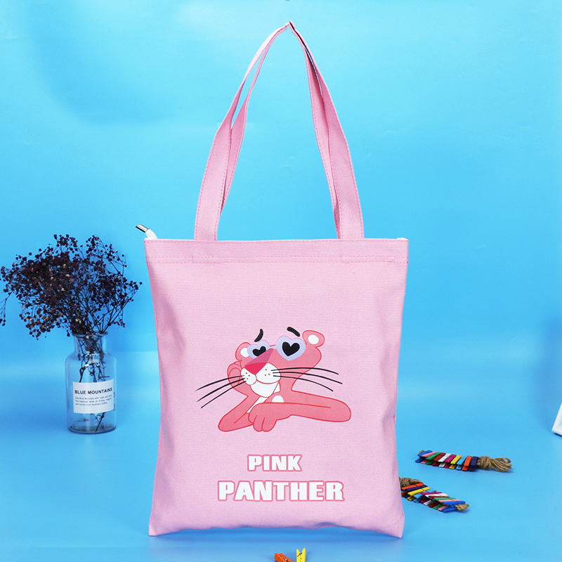 粉色少女风帆布购物袋定做 创意卡通帆布手提袋 拉链内袋帆布袋