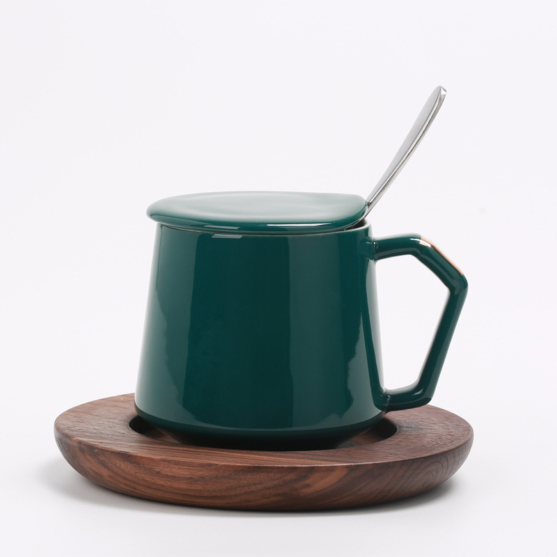 Taza de oro, taza de cerámica, taza de café, taza de agua, con tapa sin agujeros a prueba de polvo, cuchara, posavasos, LOGOTIPO tallado