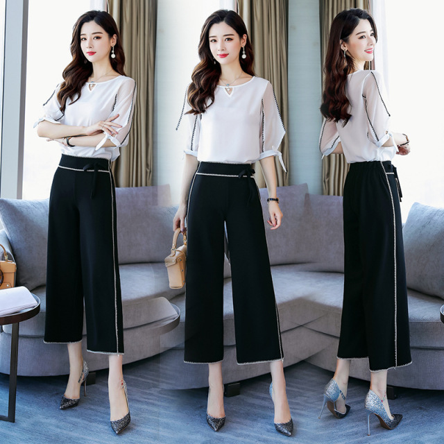 Summer Broad-legged Pants Suit New Fashionable Chiffon Two-piece 