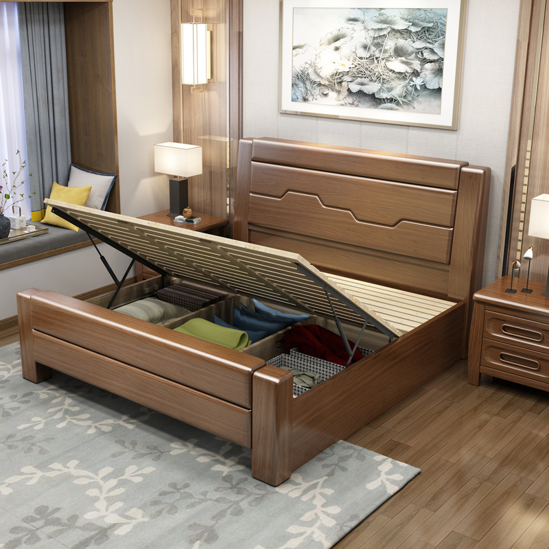 中式實木床1.8米簡易高箱儲物床1.5米現代簡約胡桃木雙人主臥婚床